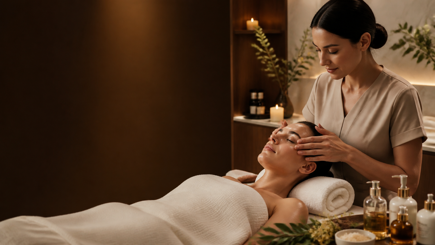 Relaxing facial treatment in a warm luxury spa setting
